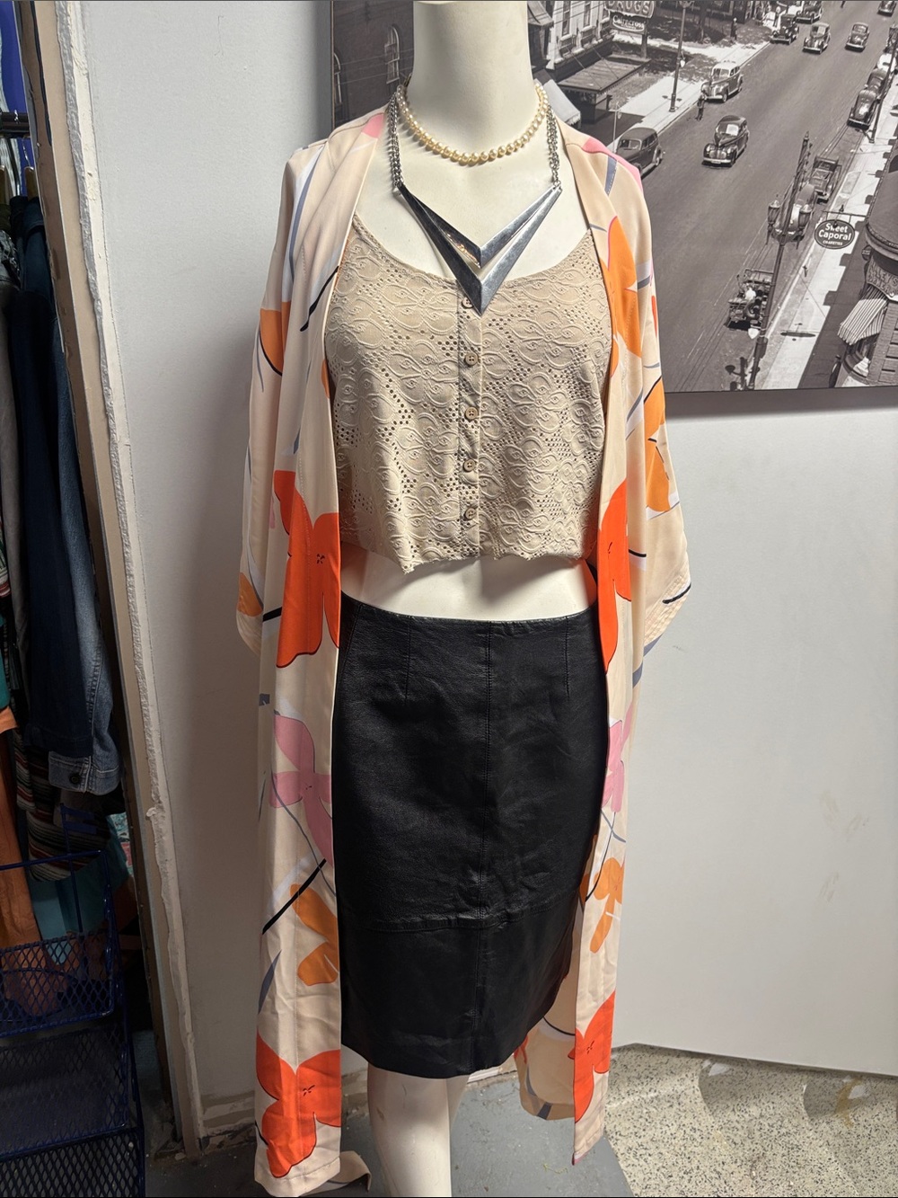 cleo Floral Satin Kimono Robe in Cream, Orange & Pink